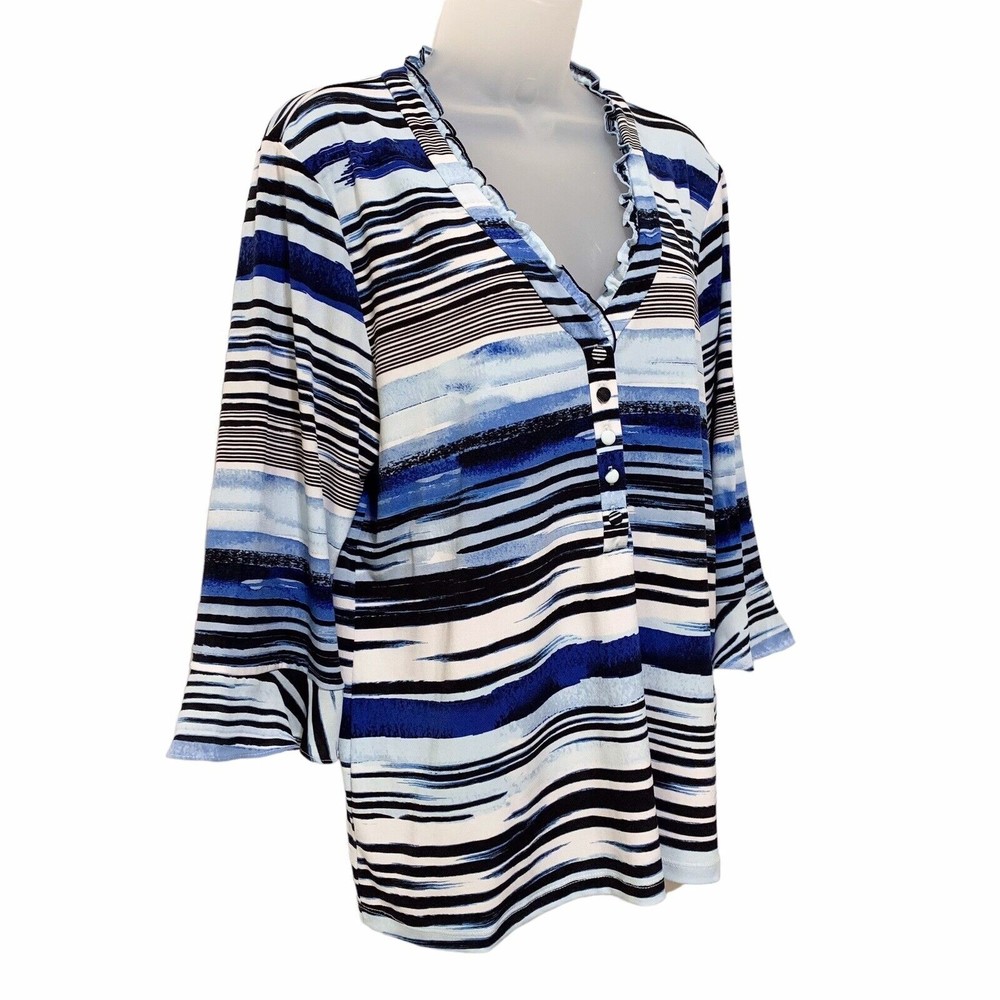 Karl Lagerfeld Womens L Blue Stripe Ruffle Collar 3/4 Sleeve Jersey Top Blouse - Picture 3 of 11